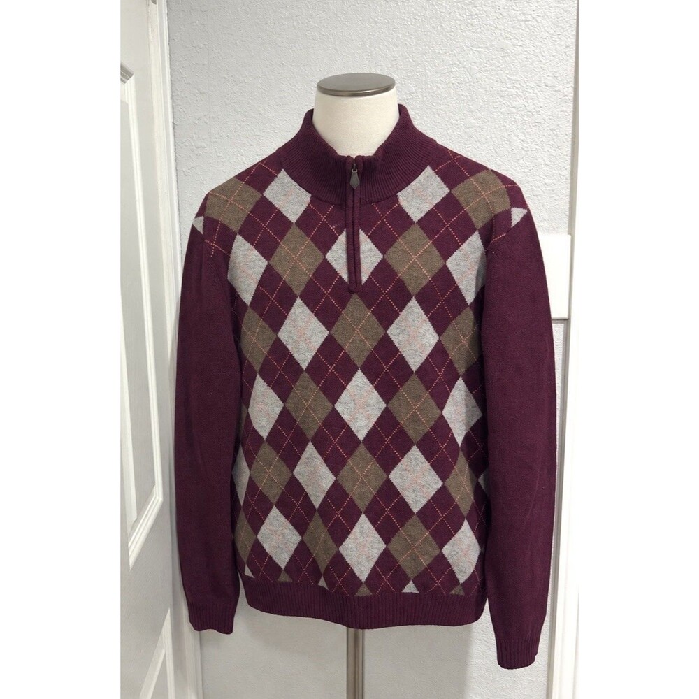 Brooks Brothers XL Burgundy Scottish Lambswool Argyle Quarter Zip Sweater Preppy